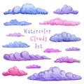 Watercolor Clouds Collection. Different Variation Of Clouds. Modern Abstract Sticker Set. Hand Drawn Decorative Clouds Isolated On