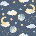 Watercolor clouds, moon, stars, seamless pattern. Watercolor illustrations clip art for nursery decorations. For t-shirt