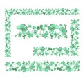 Watercolor clover, vertical border and corner, frame set of watercolor vector clover leaves, shamrock, quatrefoil for good luck.