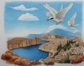Watercolor of a coastal city with two birds in flight