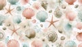 A watercolor coastal summer seashells marine pattern, Ai generated image Royalty Free Stock Photo