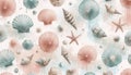 A watercolor coastal summer seashells marine pattern, Ai generated image Royalty Free Stock Photo