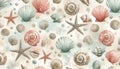 A watercolor coastal summer seashells marine pattern, Ai generated image Royalty Free Stock Photo