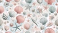 A watercolor coastal summer seashells marine pattern, Ai generated image Royalty Free Stock Photo