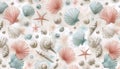A watercolor coastal summer seashells marine pattern, Ai generated image Royalty Free Stock Photo