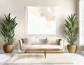Watercolor of Coastal themed living room with beige wooden boho and Frame wall mock