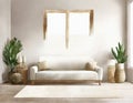 Watercolor of Coastal themed living room with beige wooden boho and Frame wall mock