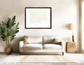 Watercolor of Coastal themed living room with beige wooden boho and Frame wall mock