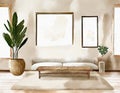 Watercolor of Coastal themed living room with beige wooden boho and Frame wall mock