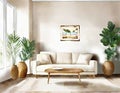 Watercolor of Coastal themed living room with beige wooden boho and Frame wall mock