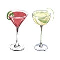 Watercolor cocktail cosmopolitan and apple martini with a lime in glass. Hand-drawn illustration isolated on white Royalty Free Stock Photo