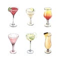 Watercolor cocktail cosmopolitan, apple martini, sex on the beach and pina colada. Hand-drawn illustration isolated on Royalty Free Stock Photo