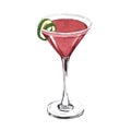 Watercolor cocktail cosmopolitan on garnished with a lime in glass. Hand-drawn illustration isolated on white background Royalty Free Stock Photo