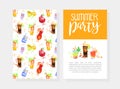Watercolor Cocktail Cover or Card with Glass and Straw as Summer Refreshing Beverage Vector Template