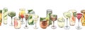 Watercolor cocktail glasses seamless banner: martini, gin, wine, margarita, goblet, liquor, rum. Hand-drawn illustration Royalty Free Stock Photo