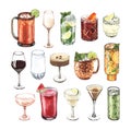 Watercolor cocktail glasses set: martini, gin, wine, margarita, goblet, liquor, rum. Hand-drawn illustration isolated on