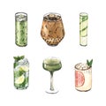 Watercolor cocktail glasses set: mojito, matcha, bubble tea, cucumber water, martini. Hand-drawn illustration isolated Royalty Free Stock Photo