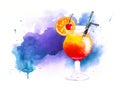 Watercolor cocktail tequila sunrise on blue watercolor background