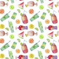 Watercolor cocktails and fruits seamless pattern