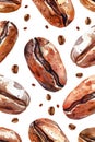 Watercolor coffee bean pattern on white background. Vertical Royalty Free Stock Photo