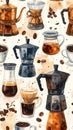 Watercolor Coffee Brewing Tools and Beans Seamless Pattern Royalty Free Stock Photo