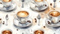 Watercolor Coffee Cups Seamless Pattern, Coffee Beans and Spoons Royalty Free Stock Photo