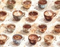 Watercolor Coffee Cups Seamless Pattern - A Cozy Beverage Design Royalty Free Stock Photo
