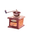 Watercolor red and brown vintage retro coffee grinder. Royalty Free Stock Photo