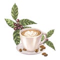 Watercolor coffee latte cappuccino with froth with heart of milk and red arabica beans on branch with berries.Hand-drawn Royalty Free Stock Photo