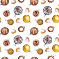 Watercolor coffee cappuccino cup biscuit seamless pattern