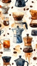 Watercolor Coffee Makers and Beans Seamless Pattern Royalty Free Stock Photo