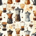 Watercolor Coffee Makers and Beans Seamless Pattern Royalty Free Stock Photo