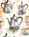 Watercolor Coffee Pots and Cups Pattern Royalty Free Stock Photo