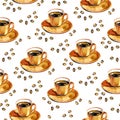 Watercolor coffee seamless pattern. Hand drawn repeating texture with cup and coffee beans on white background. Royalty Free Stock Photo