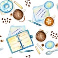 Watercolor coffee seamless pattern with notes, dairy and cups Royalty Free Stock Photo