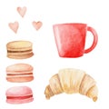 Watercolor Coffee set with cup, macaroons, and croissant. Isolated Illustration for design, print or background Royalty Free Stock Photo