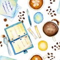 Watercolor coffee time seamless pattern with white background Royalty Free Stock Photo