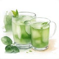 Watercolor cold green drink in a glass on white background. Fresh green tea isolated, healthy drink. watercolor cold green drink