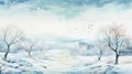 Watercolor Cold Winter Landscape Painting With Birds In Digital Fantasy Style