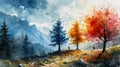 Watercolor collage landscape of seasons