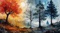 Watercolor collage landscape of seasons