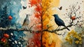 Watercolor collage landscape of seasons