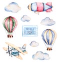 Watercolor collection with air balloons, clouds,airship and the plane in pastel colours.