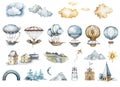 Watercolor collection with air balloons,clouds,rainbow, flower in pastel colours.Handpainted air ballons beautifully