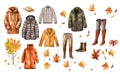 Watercolor collection of autumn clothes. Collection of autumn dresses on a white background.