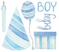 Watercolor collection, birthday attributes, hat, candle, balloon, text and gift box. Isolated on a white background.