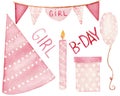Watercolor collection, birthday elements, garland, hat, candle, balloon, text and gift, isolated on a white background.