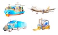 Watercolor collection of cargo transport and logistic vehicle. Container ship, cargo plane, classic American truck