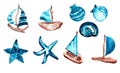 Watercolor collection of cartoon sailboats and seashells