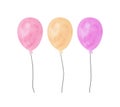 Watercolor collection of colorful party balloons of pastel colors: pink, yellow and purple. Hand painted watercolor Royalty Free Stock Photo